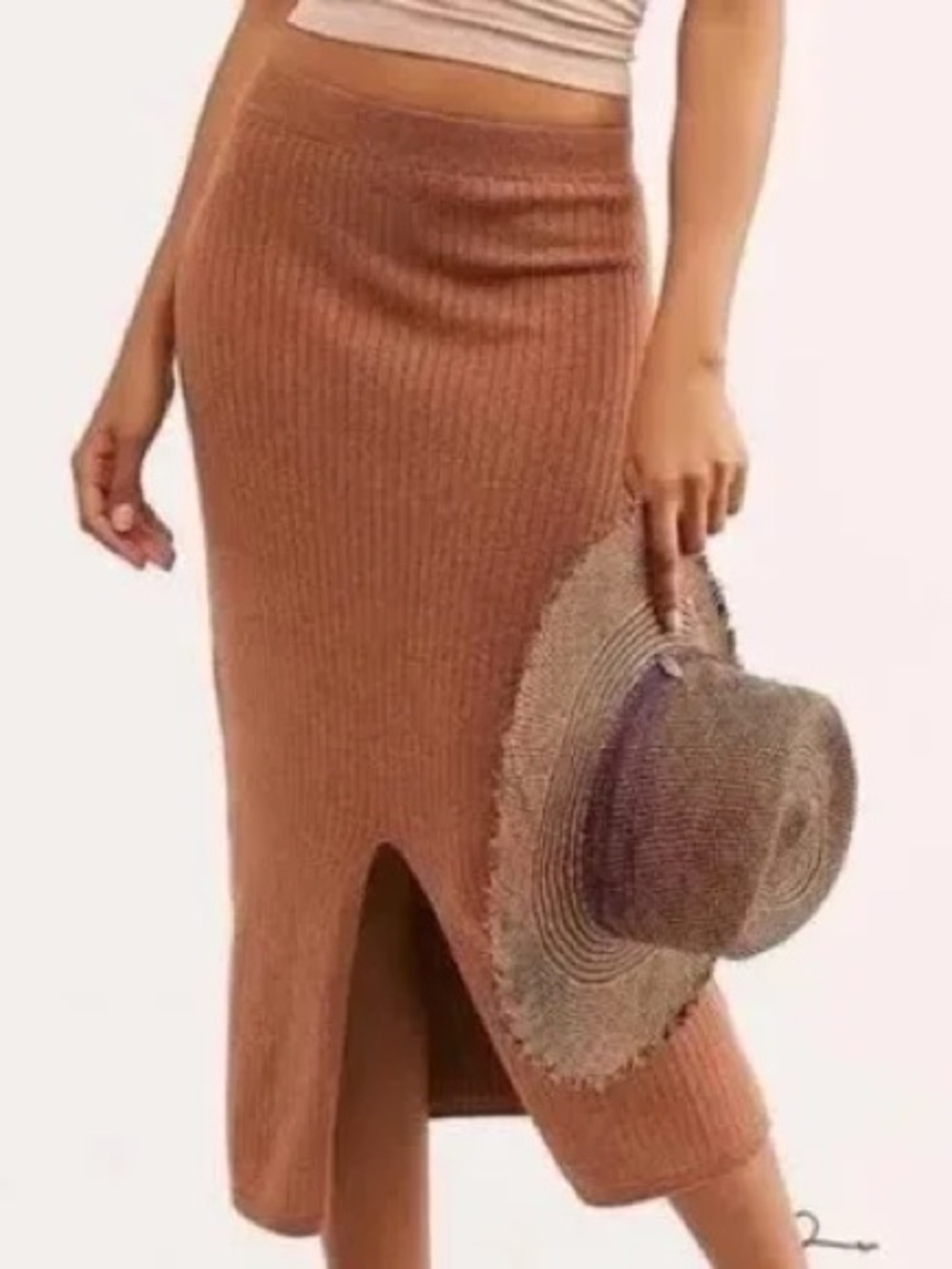Free People Ribbed Knit Front Slit Midi Skirt Size Small